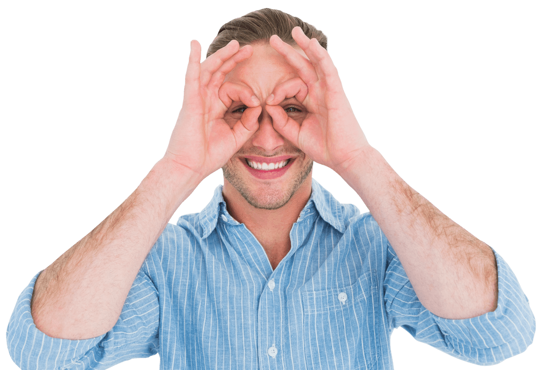 Smiling Man Forming Eyeglasses Gesture in Transparent Style