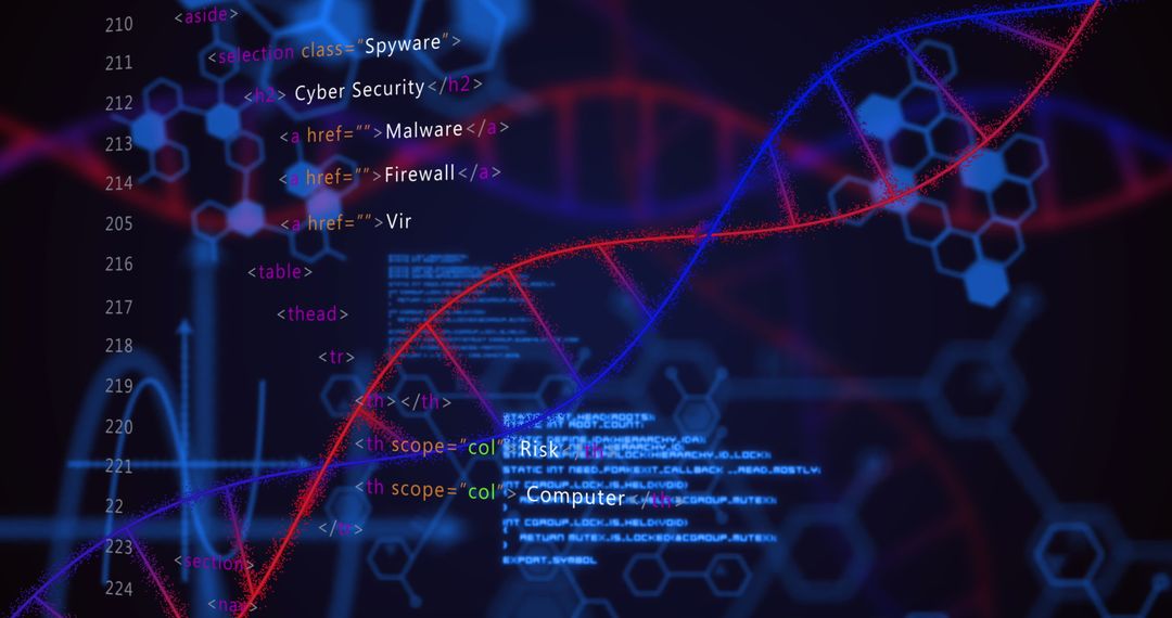 Abstract DNA Strand Over Digital Data with Cybersecurity Themes