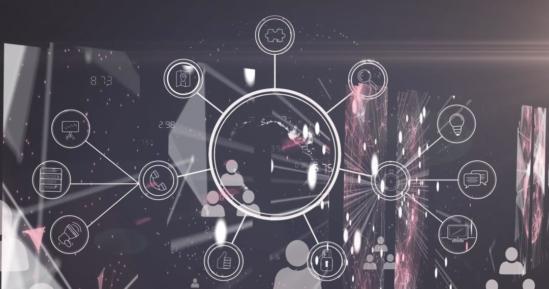 Digital Network Connections with Data Processing Icons on Dark Background