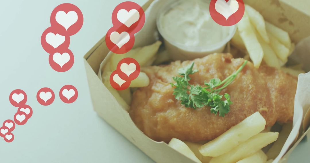 Delicious Fish and Chips with Heart Icons Overhead
