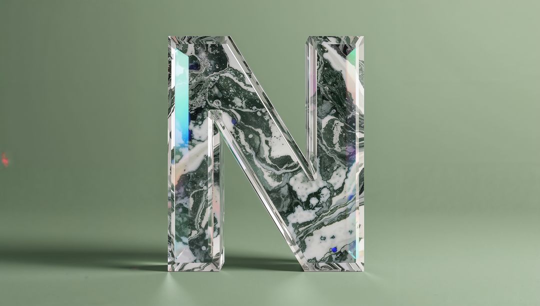 3D Letter N with Marble and Clear Shell on Green Background
