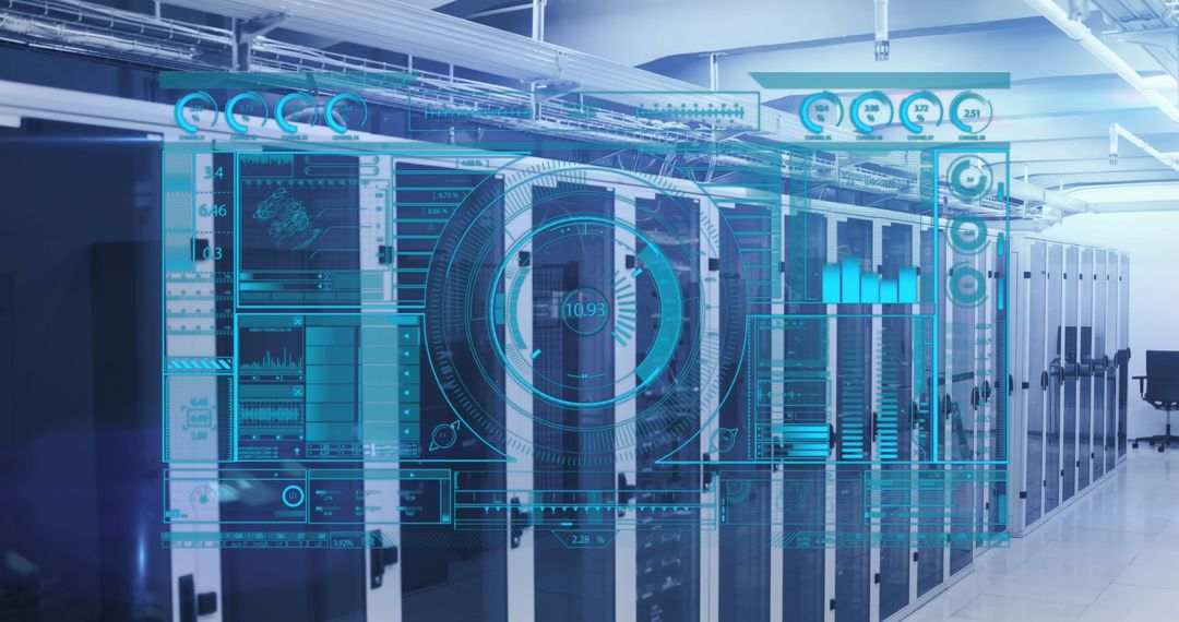 Futuristic Data Processing Overlay on Server Room