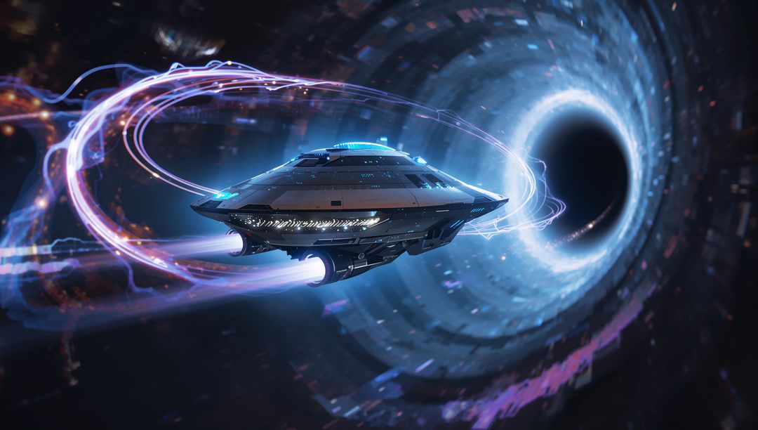 Futuristic Spacecraft Navigating Wormhole with Energy Trails