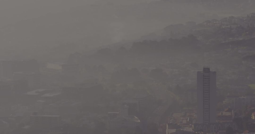 Mysterious Cityscape Shrouded in Haze and Fog