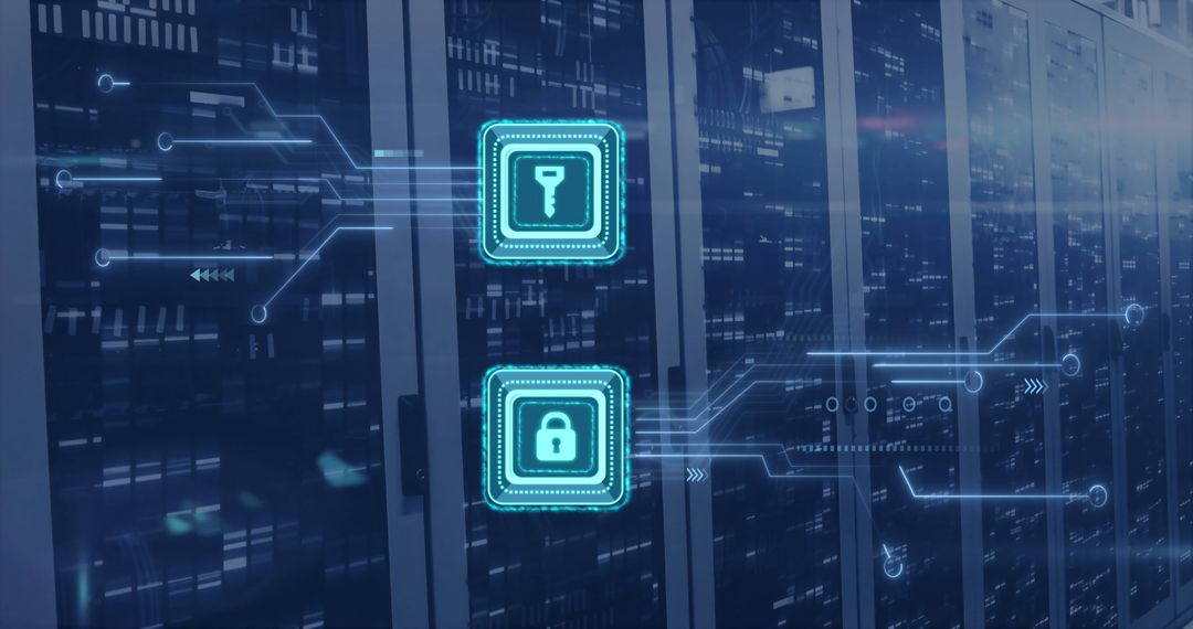 Cybersecurity Concept with Digital Encryption Icons and Server Racks