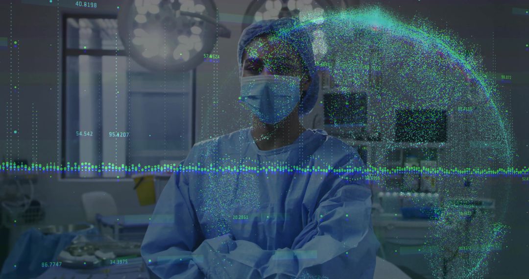 Surgeon Interacting with Holographic Globe Technologies in Operating Room