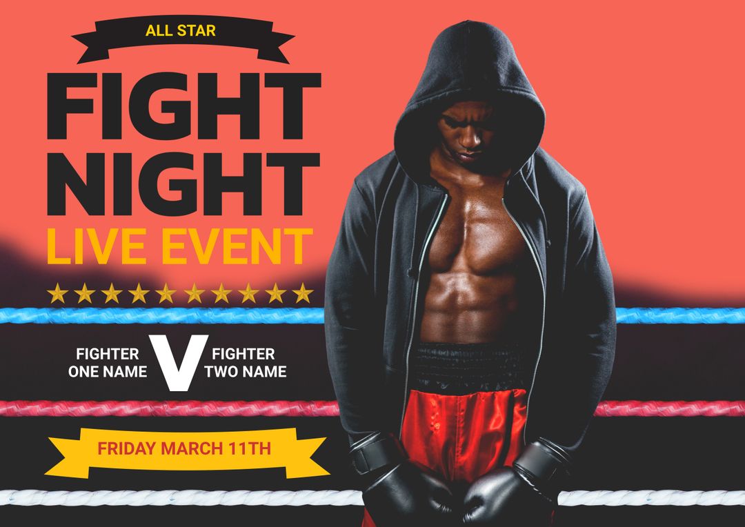 Boxing Event Banner with Focused Fighter Wearing Gloves