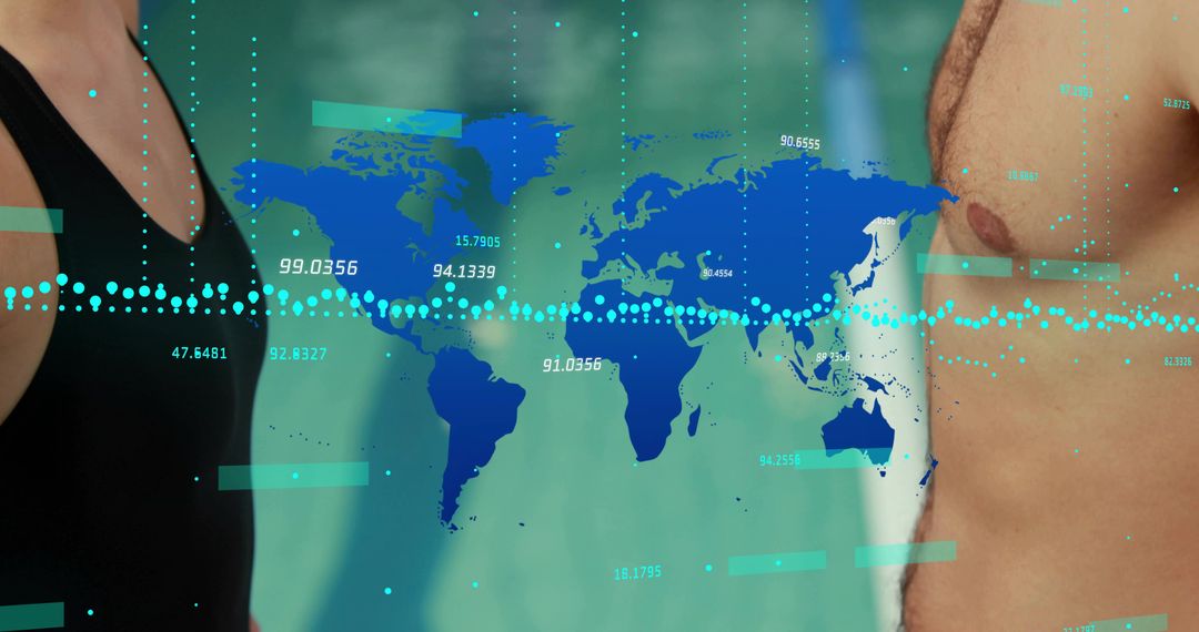 Swimmers at pool edge with world map overlay visualizing global fitness data analytics
