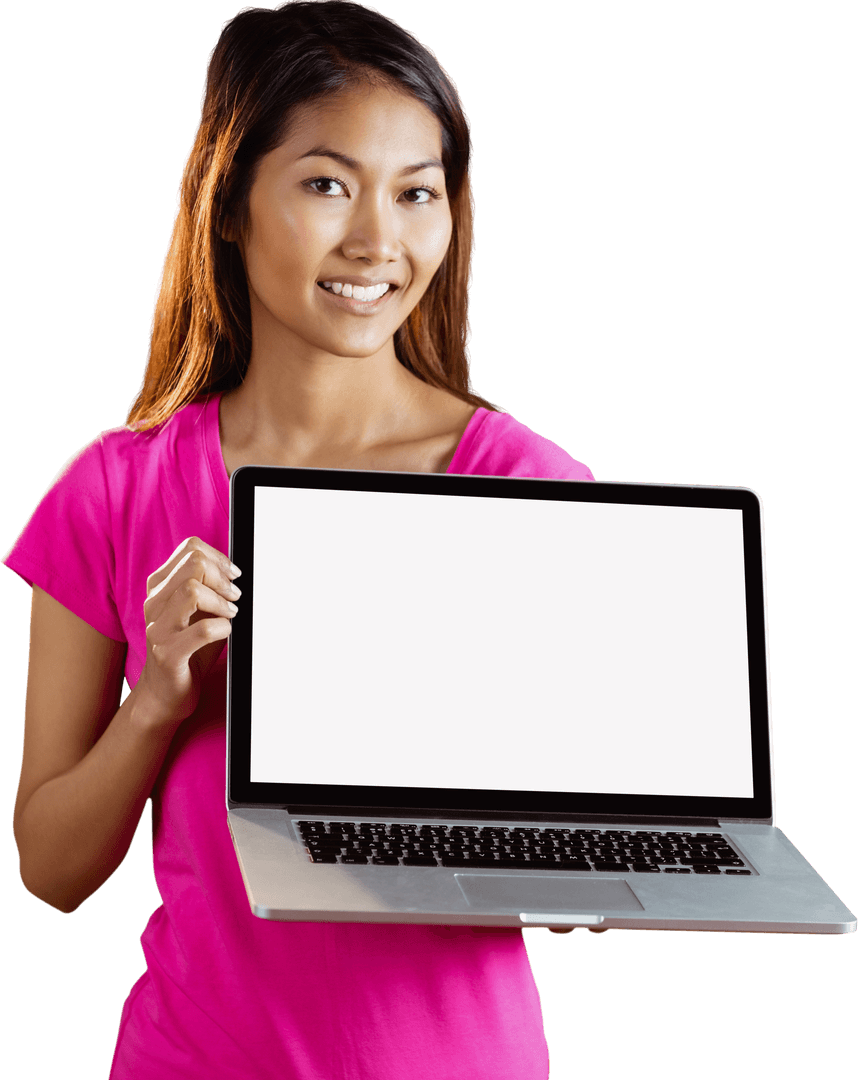 Smiling Asian Woman Showing Laptop with Transparent Screen