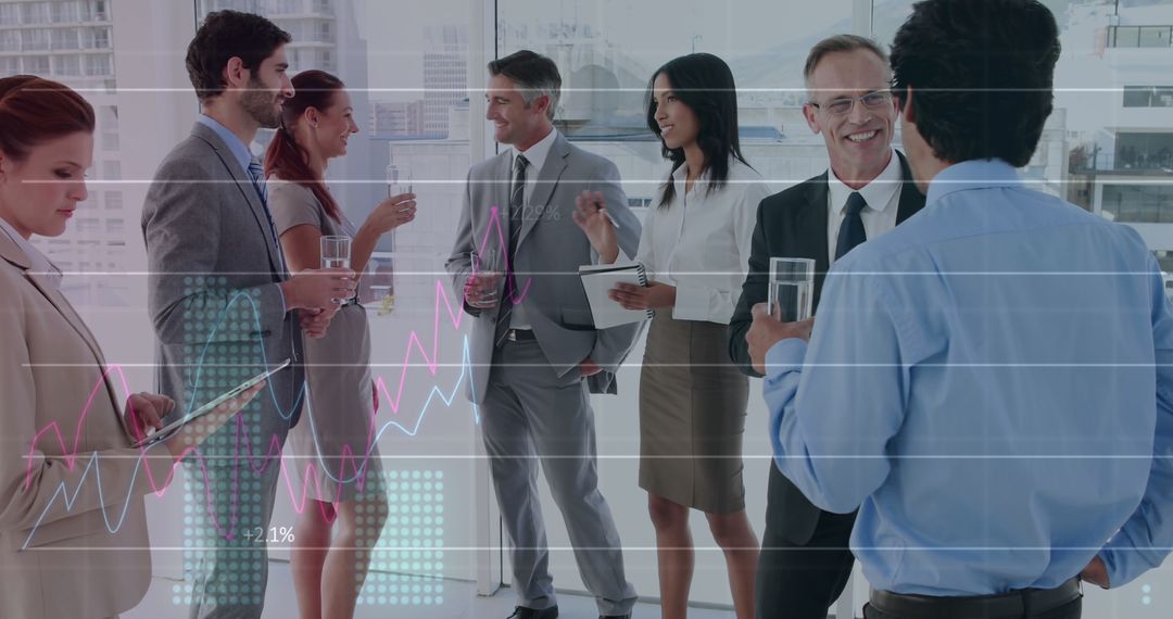 Business Professionals Discussing Strategy with Financial Data Overlay