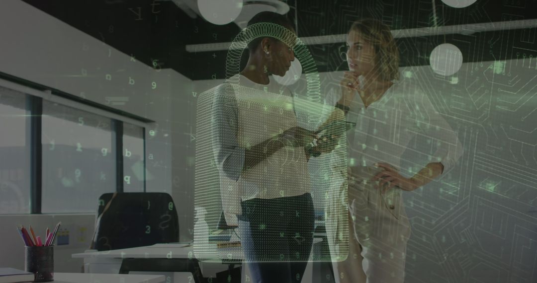 Diverse Team Analyzing Data with Digital Protection Overlay