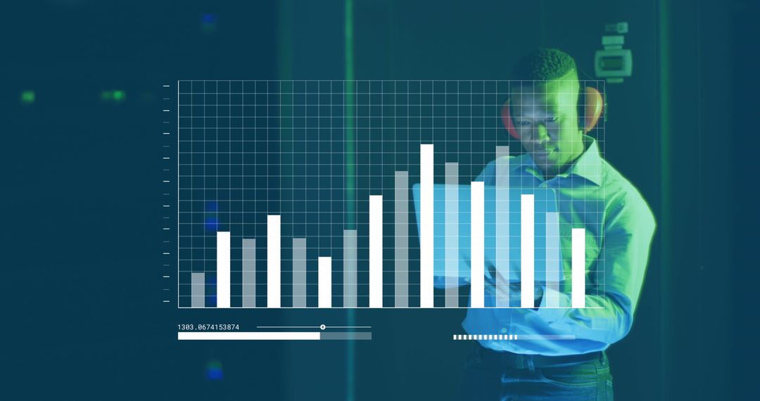 IT Technician Analyzing Data with Holographic Graphs in Server Room