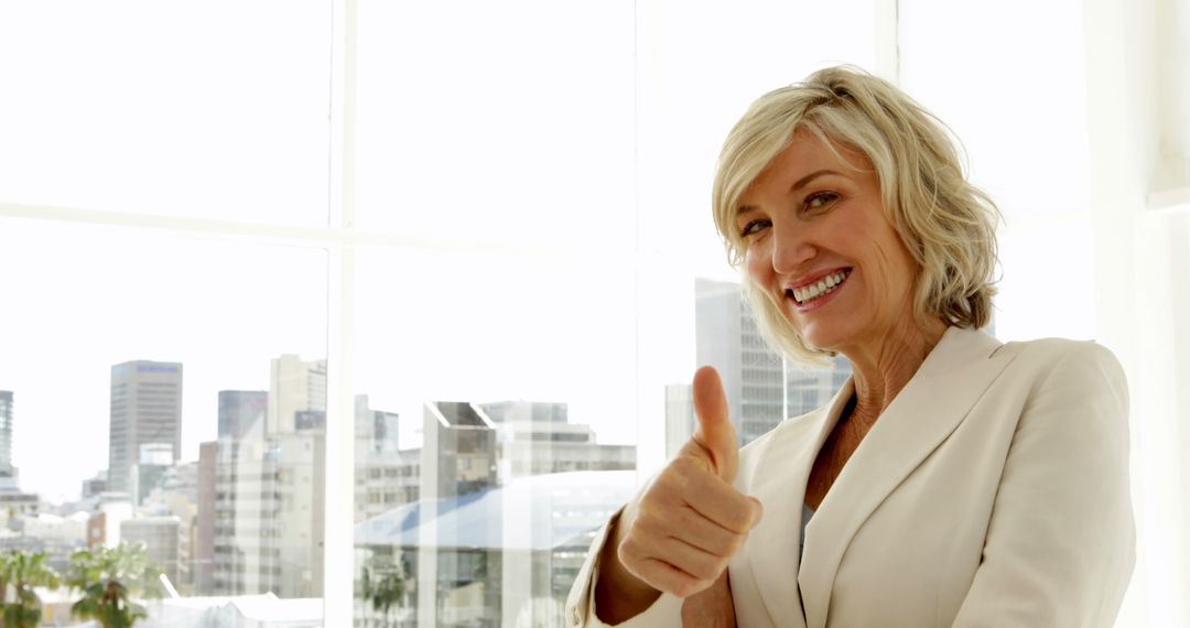 Happy businesswoman giving thumbs up in the office - Free Images, Stock Photos and Pictures on Pikwizard.com