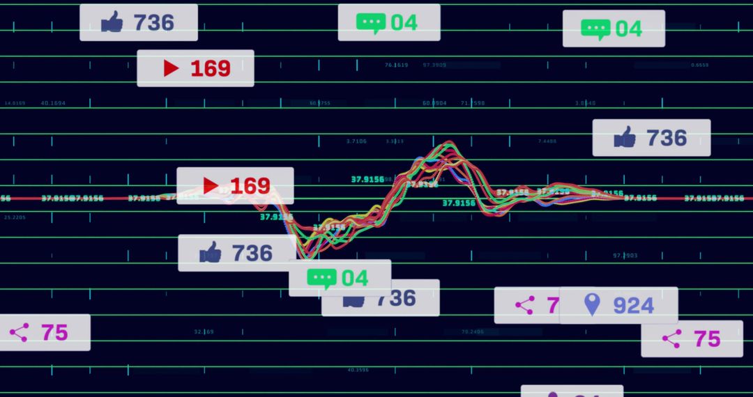 Colorful Data Visualization with Social Icons on Neon Grid Screen