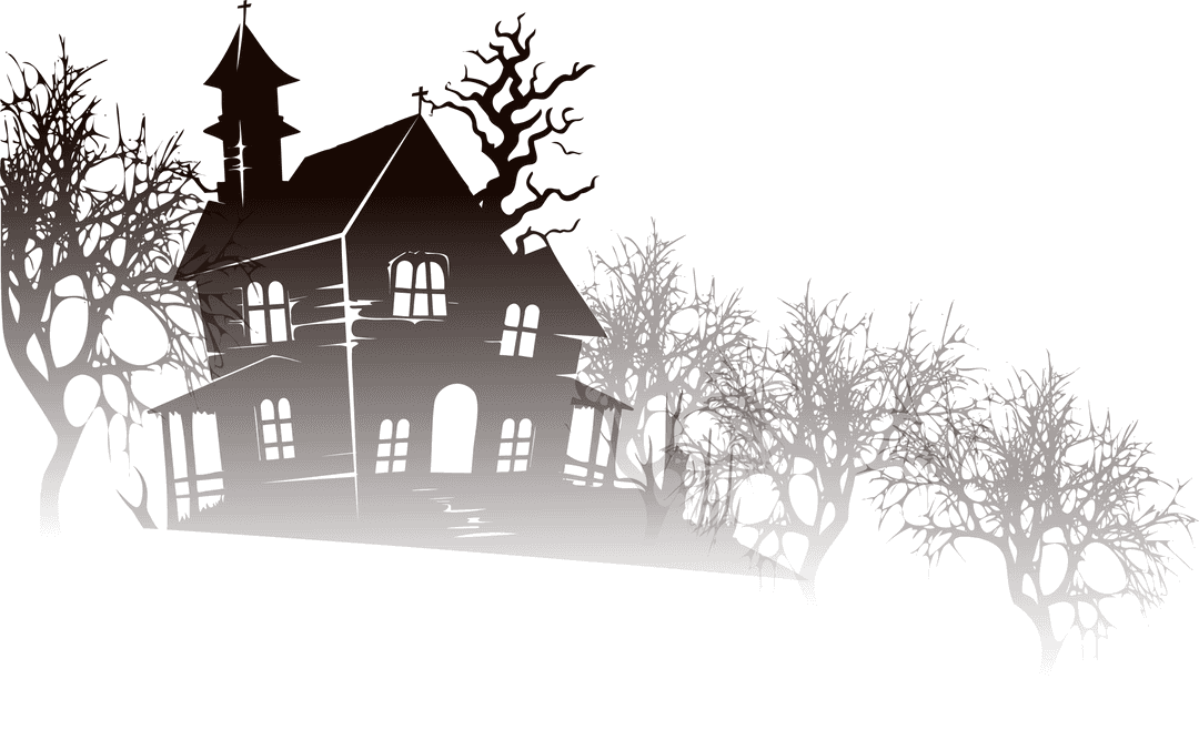 Haunted Mansion with Gnarled Trees on Transparent Background