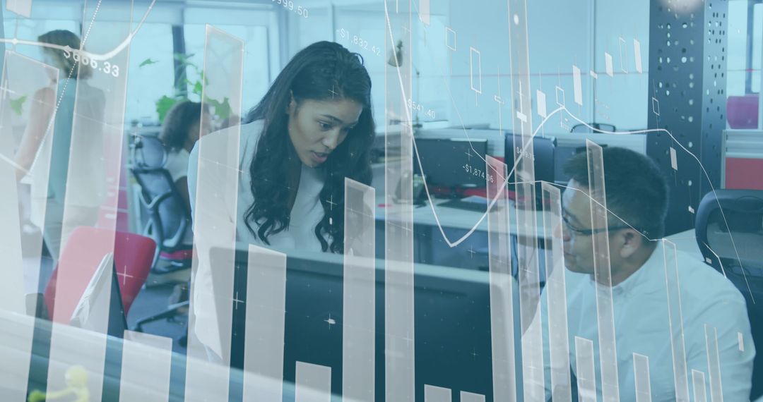 Collaboration in Modern Office with Digital Interface Graphics