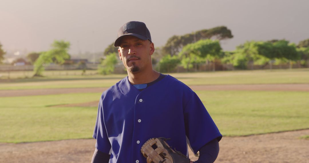 Baseball Player Standing on Field in Blue Uniform During Sunset - Free Images, Stock Photos and Pictures on Pikwizard.com