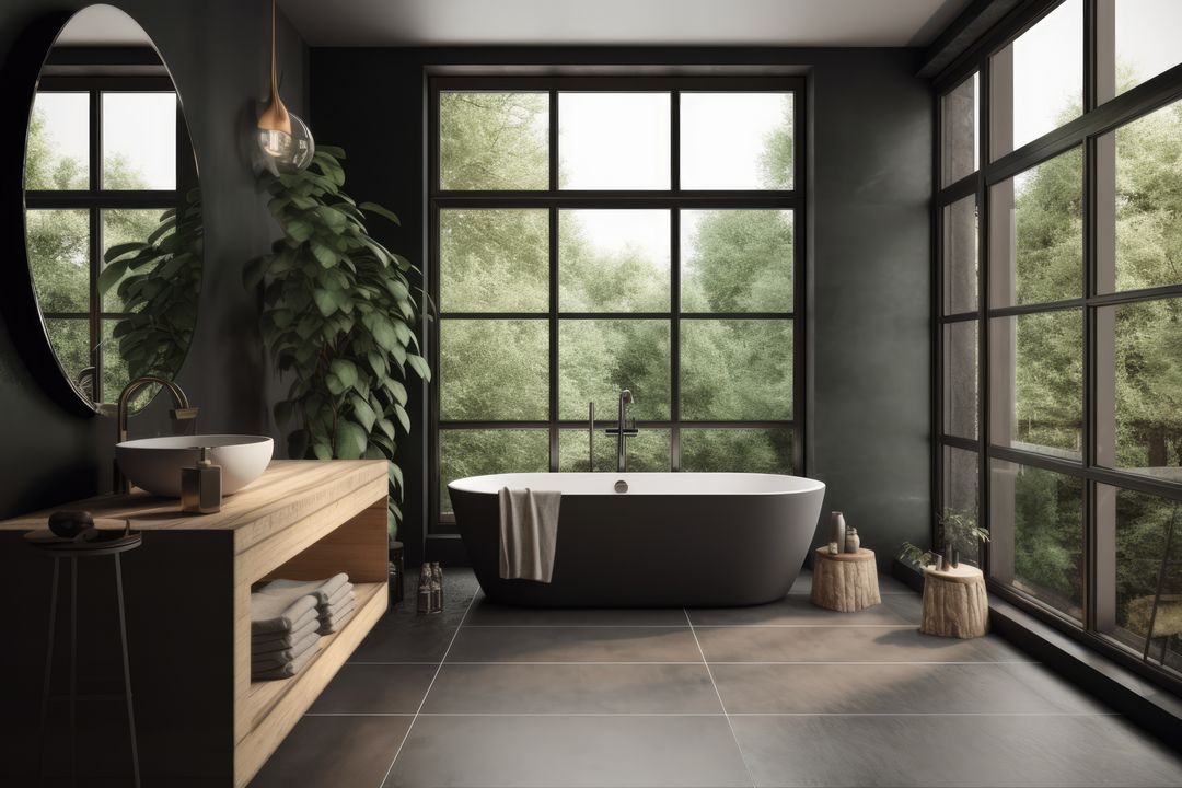 Black modern bathroom with french windows and view to trees, created using generative ai technology - Free Images, Stock Photos and Pictures on Pikwizard.com