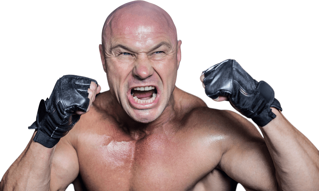 Intense Bald Fighter with Gloves in Transparent Background