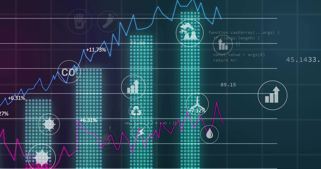 Cyan and Magenta Analytics Dashboard Showing Bar Charts, Trend Lines and Circular Icons