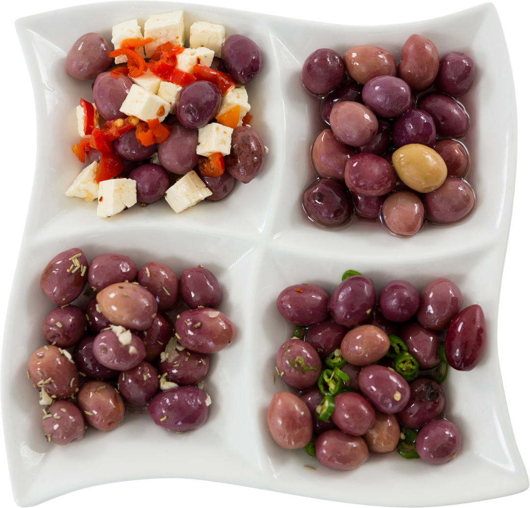 Four Variety Marinated Olives with Vegetables on Transparent Dish - Download Free Stock Images Pikwizard.com