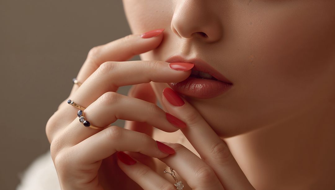 Elegant Woman With Coral Nails and Gemstone Rings in Thoughtful Pose
