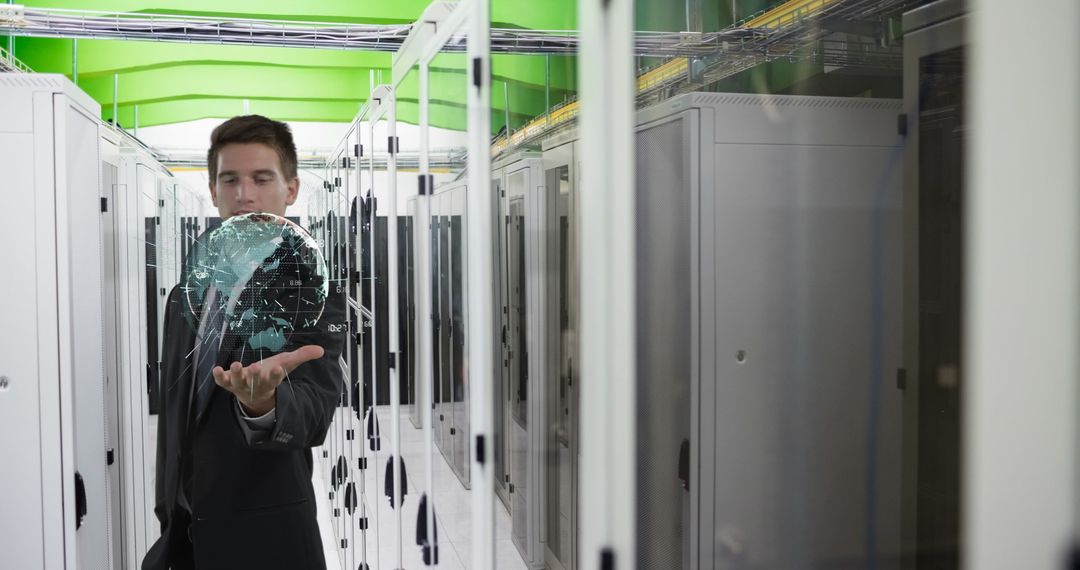Businessman Interacting with Digital Globe in Modern Data Center