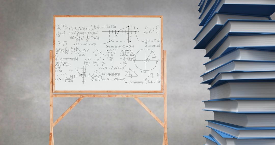 Mathematical Formulas on Whiteboard with Stack of Blue Books
