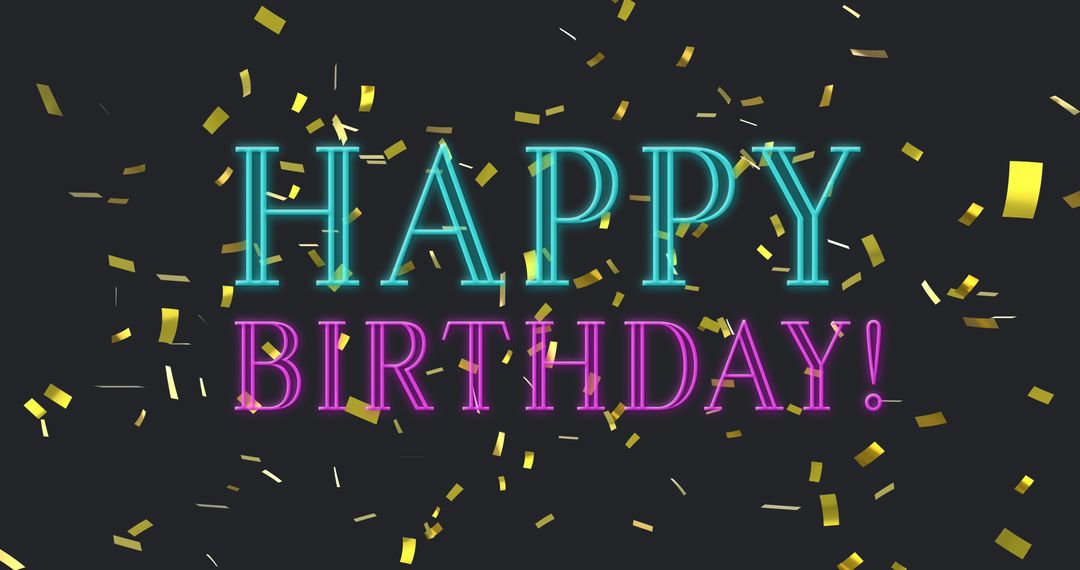 Happy Birthday Neon Text with Gold Confetti on Dark Background