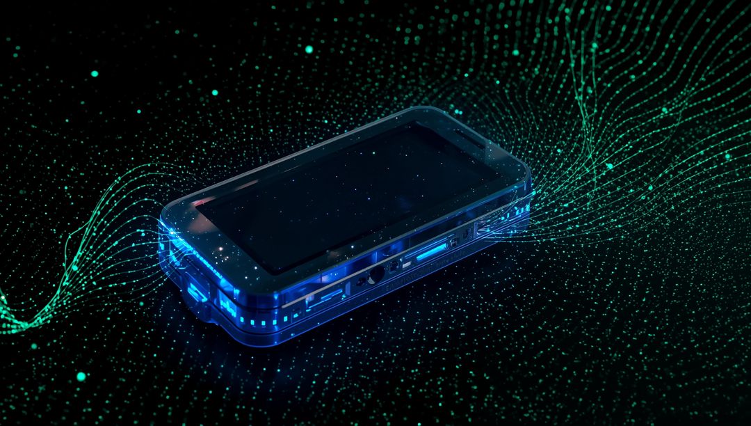Futuristic Smartphone with Glowing Circuitry and Data Waves