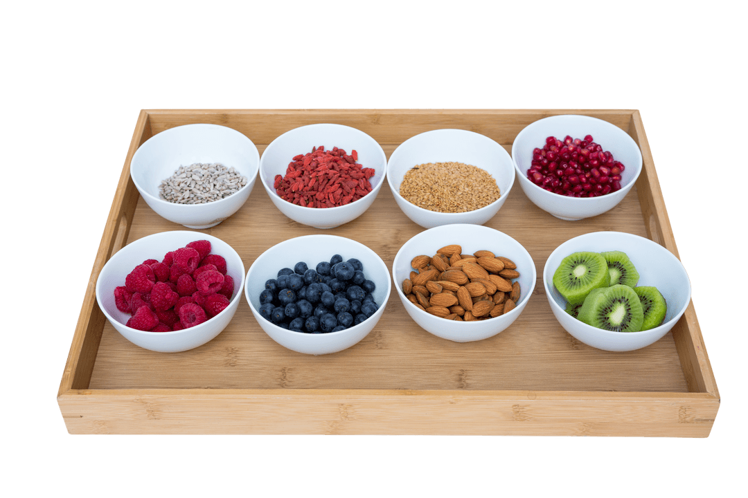 Transparent Tray of Healthy Ingredients Featuring Fruits and Nuts