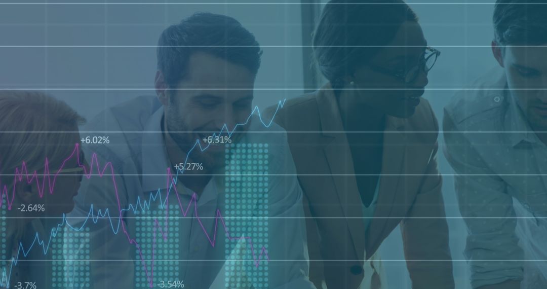 Business Team Analyzing Financial Data with Overlayed Graphs