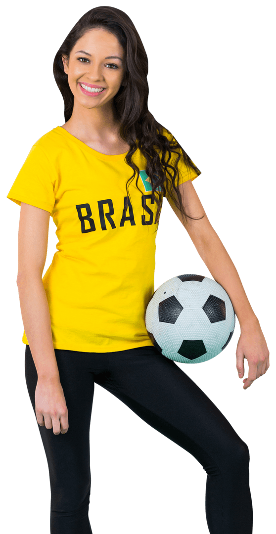 Smiling Brazil Football Fan with Soccer Ball on Transparent Background