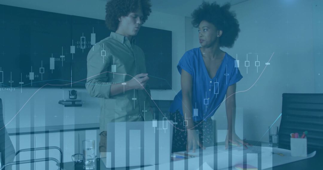 Business Professionals Analyzing Data with Overlay Charts in Modern Office