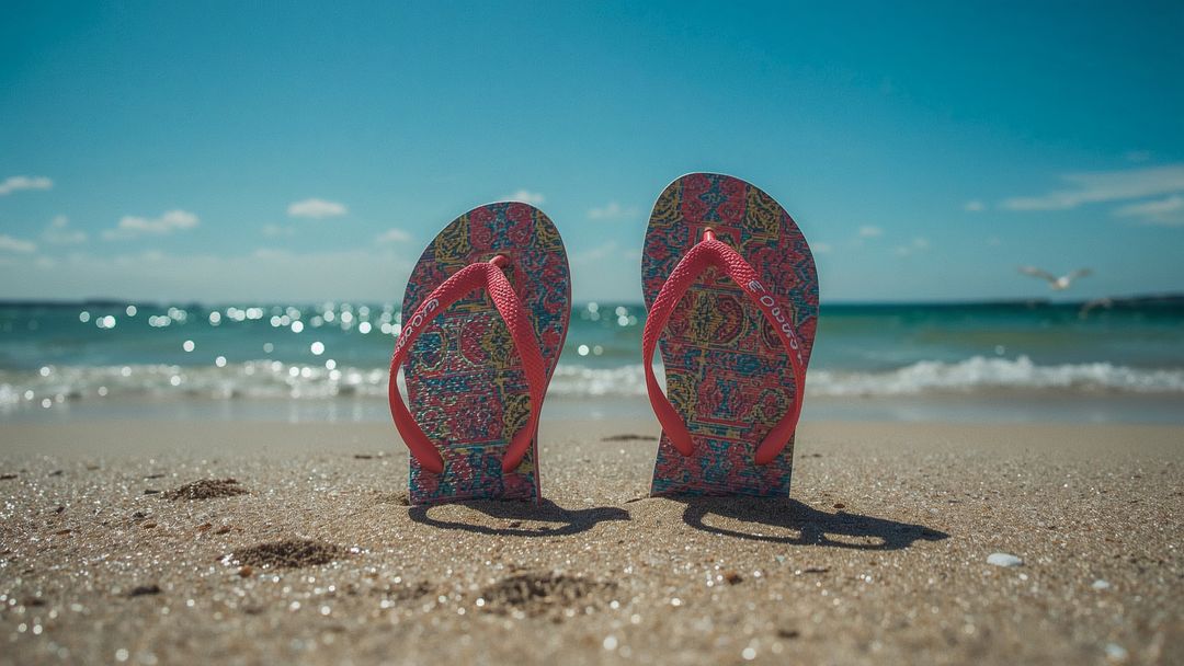 Colorful Flip-Flops on Sunny Beach with Sparkling Ocean