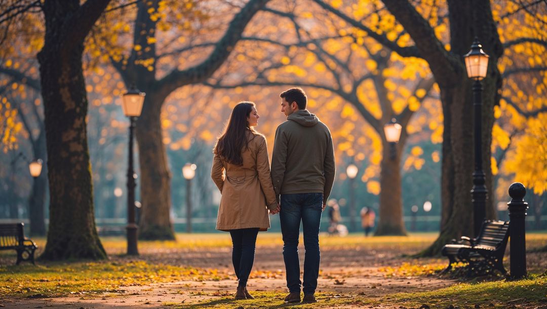 Romantic lovers strolling in scenic autumn park