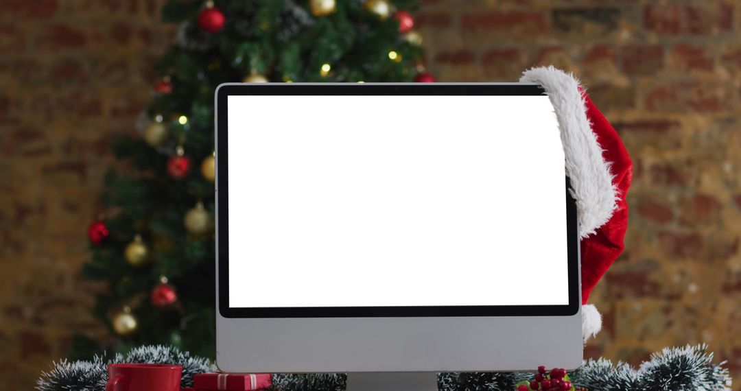 Santa Hat Hanging on Desktop Monitor with Festive Background