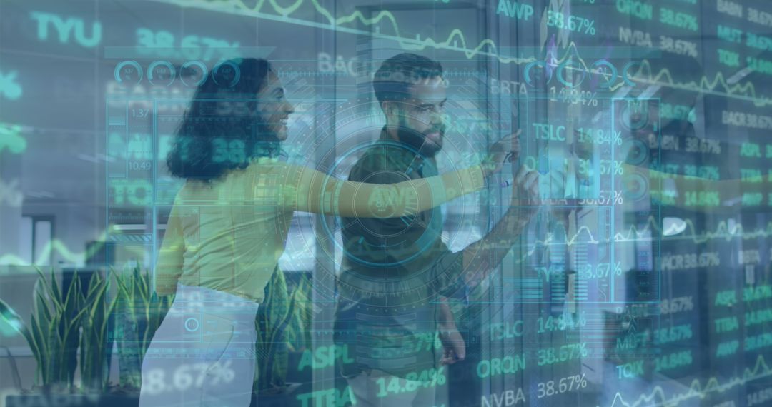 Professionals Analyzing Stock Data on Futuristic Display