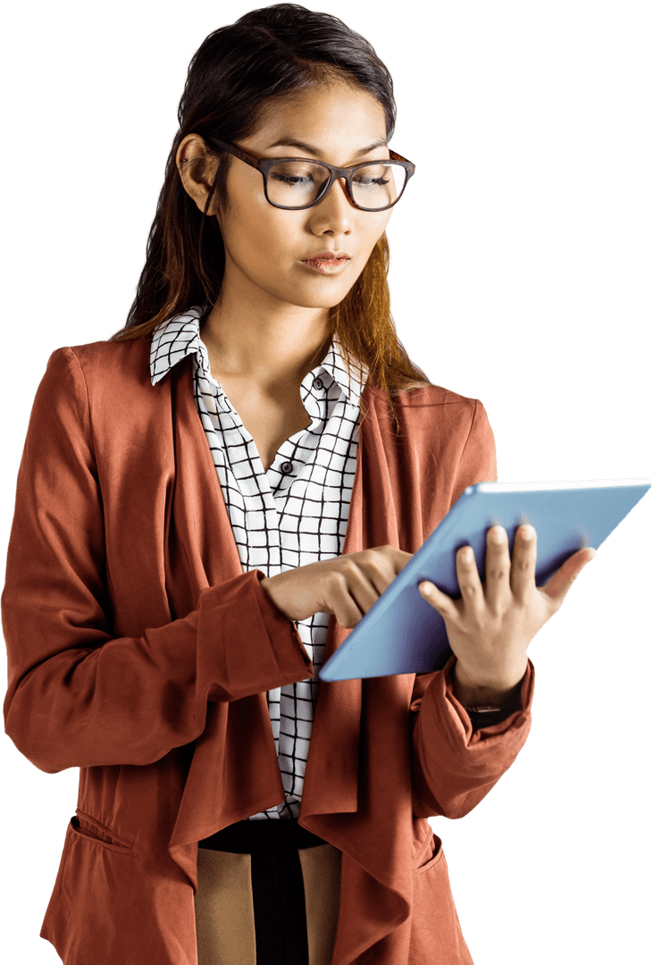 Asian Businesswoman With Transparent Background Using Tablet