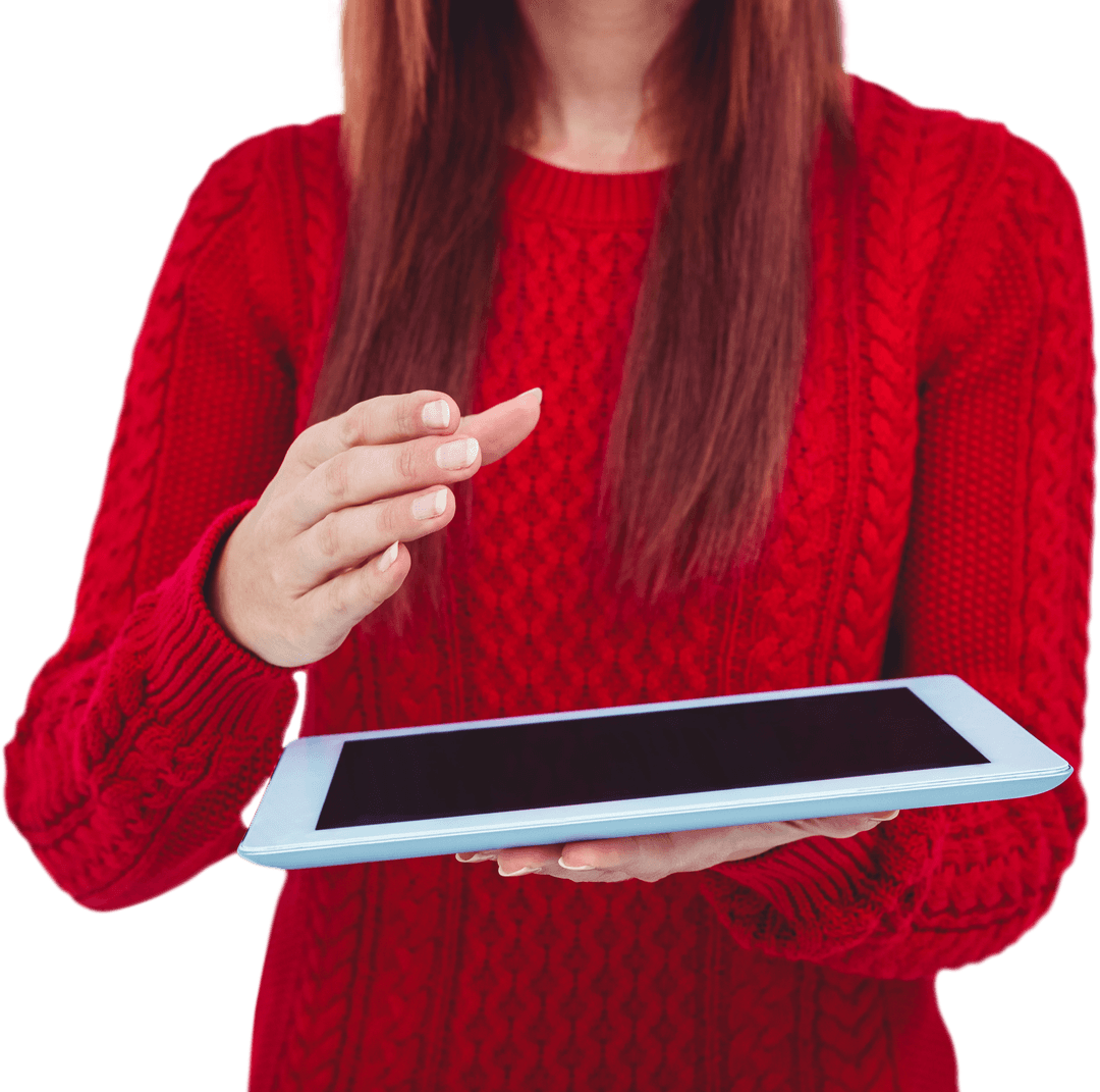 Woman Using Tablet in Red Sweater on Transparent Background