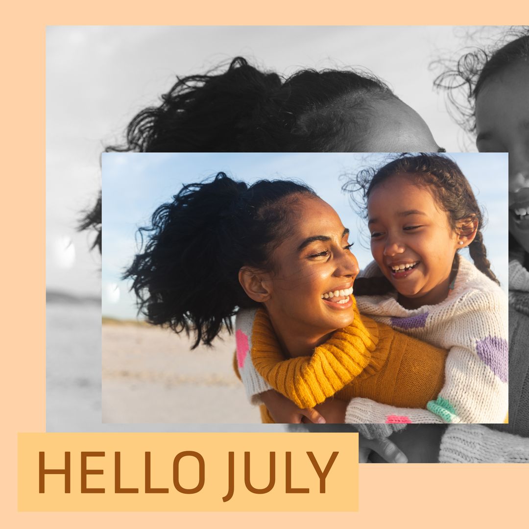 Happy Biracial Mother and Daughter at Beach with Hello July