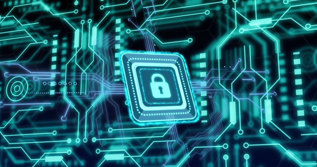 Cybersecurity Concept with Digital Lock on Circuit Board Background