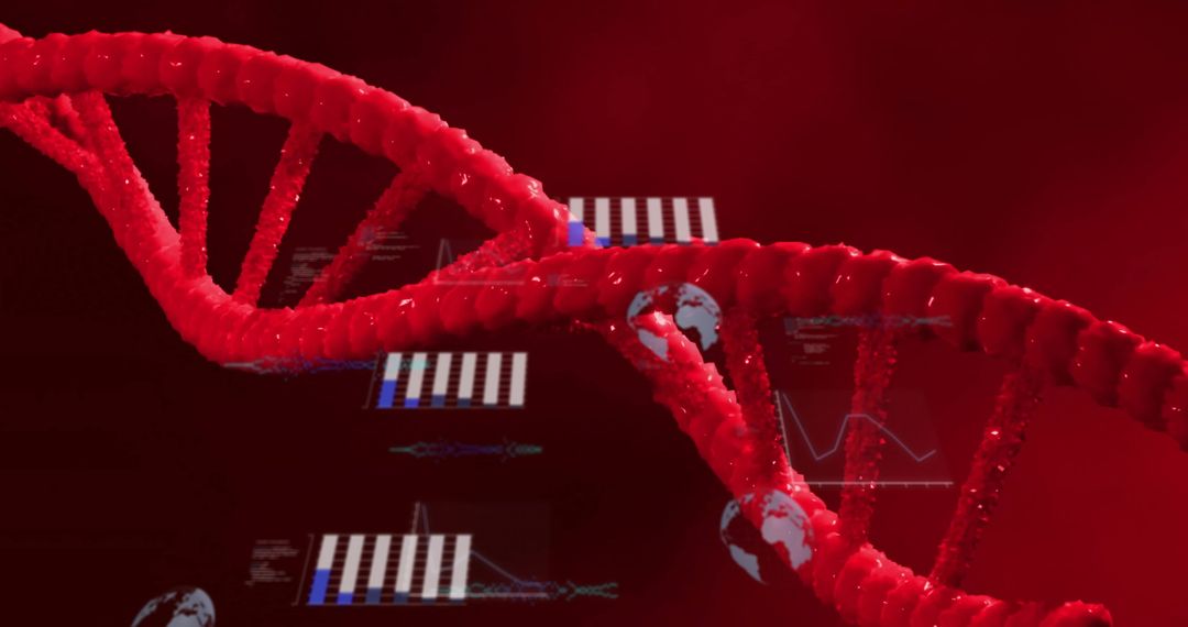 Red DNA Strand with Digital Data Displays