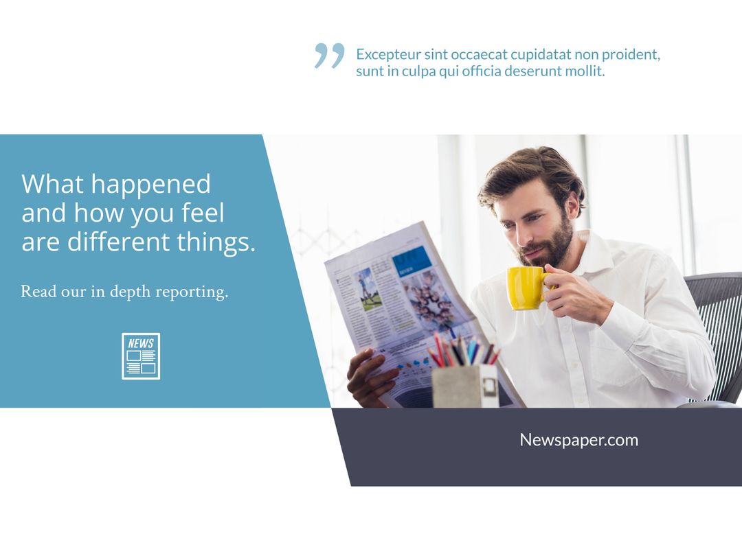 Man Reading Newspaper with Coffee in Modern Office Setup