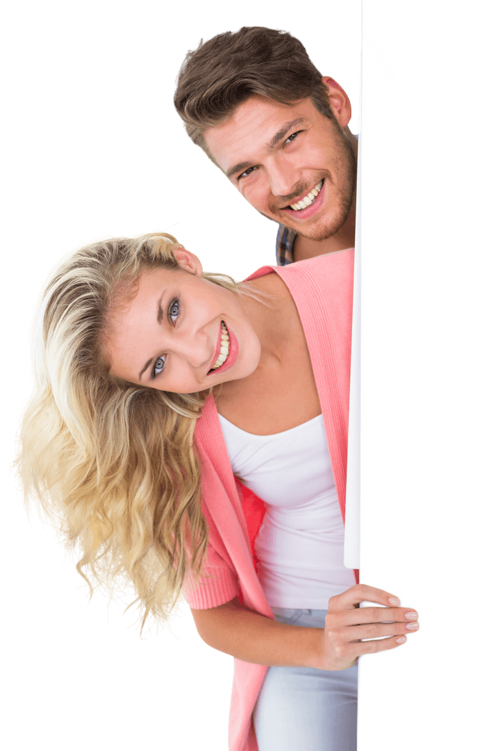 Attractive Caucasian Couple Smiling Behind Transparent Blank Space