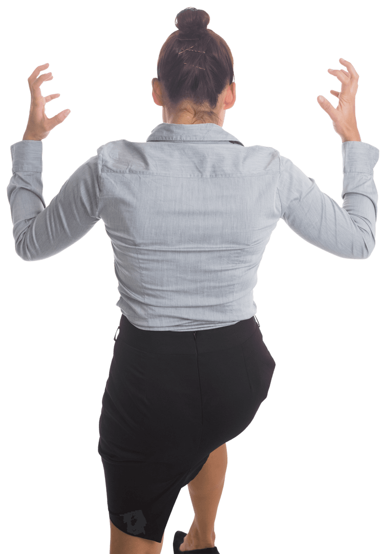 Transparent View of Businesswoman Seen from Back Opens Arms in Anger