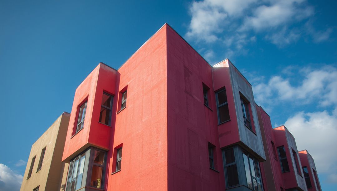 Modern Pink Building with Angular Windows Against Blue Sky