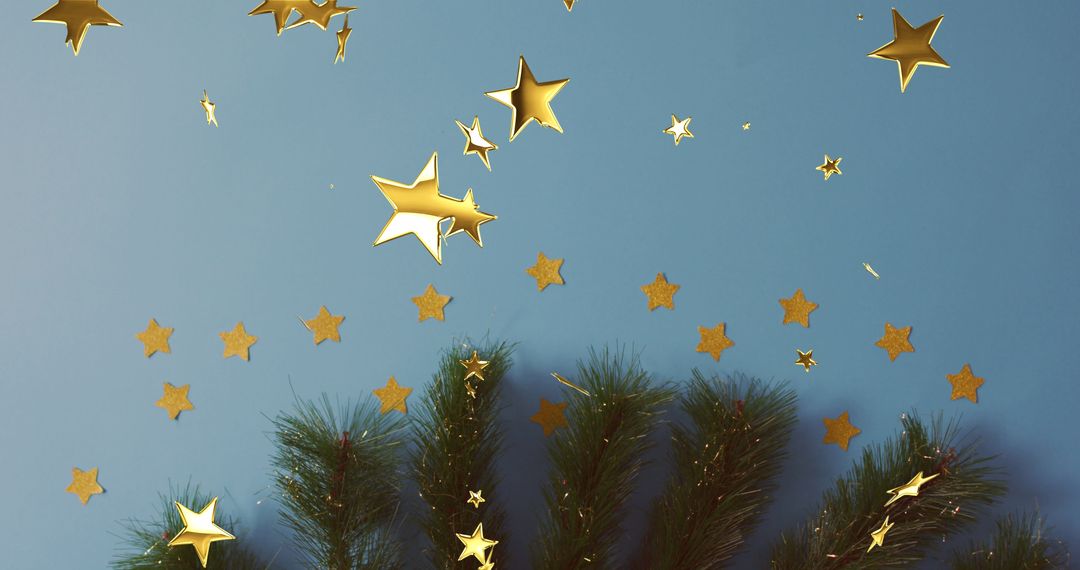 Golden Stars Falling on Fir Tree Branch Over Blue Backdrop