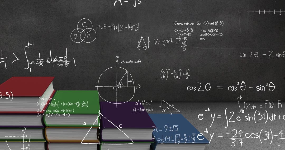 Stack of Colorful Books with Mathematical Equations and Figures Moving