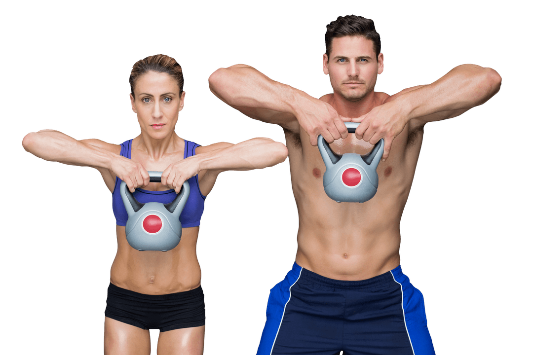 Caucasian Couple Exercising with Kettlebells on Transparent Background